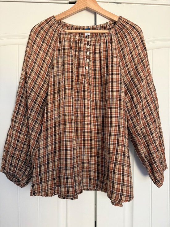 Old Navy Tops - Old Navy XL Plaid Peasant Blouse Brown Cotton Balloon Sleeve Boho Top
